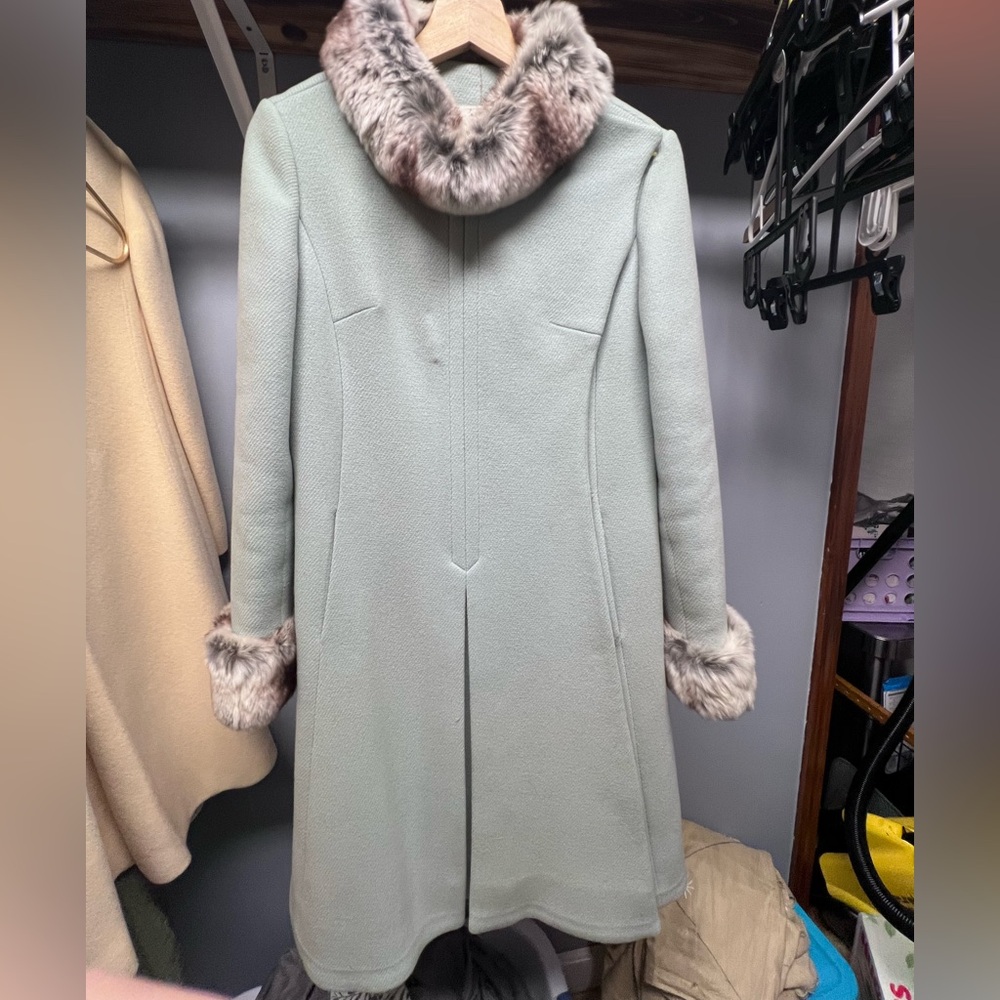 Higbee’s Women's Light Blue Wool Coat with Fur Trim